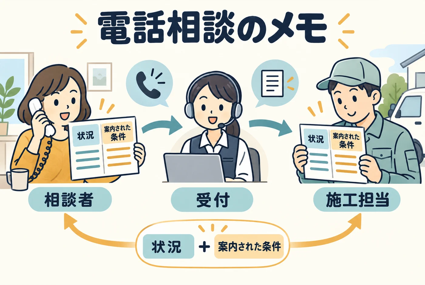 電話相談の状況と案内条件を施工担当へ引き継ぐ