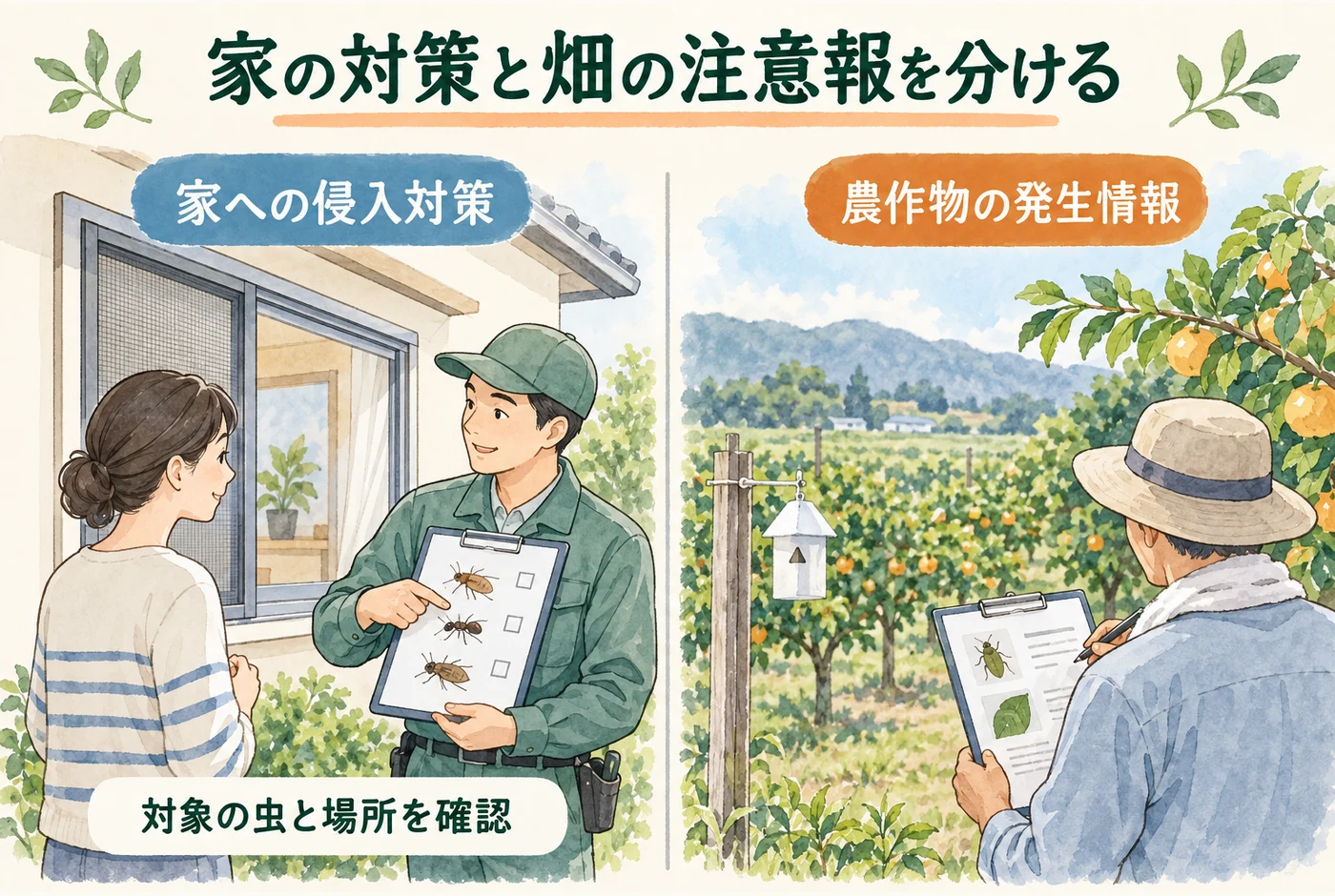 家の侵入対策と農作物向け発生情報を別の対象として確認する図