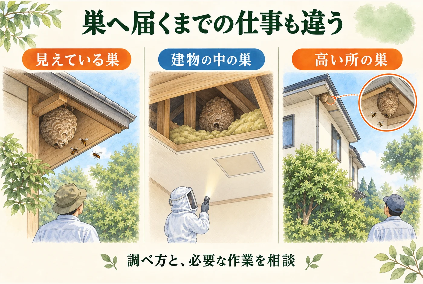 見えている巣、建物の中の巣、高い所の巣で必要な作業が違うことを示す図