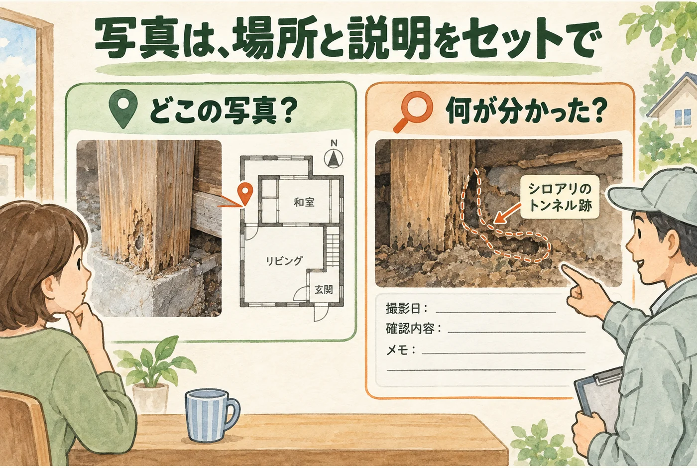 報告写真を間取り上の位置と結び、説明を聞く図