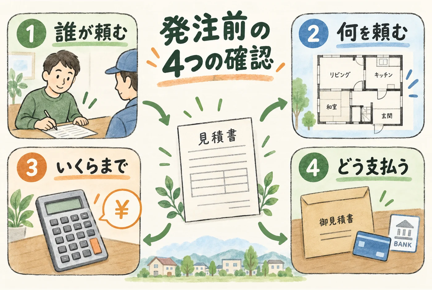 発注前に四つを確認を説明する図解