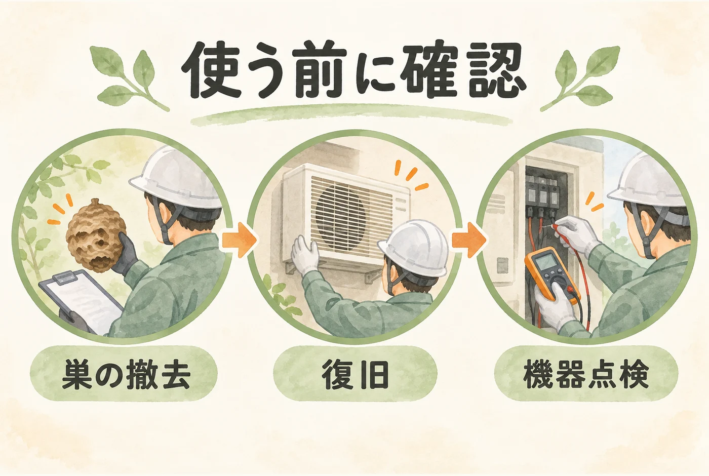 巣の撤去、機器の復旧、点検を確認してから使用を再開する流れ