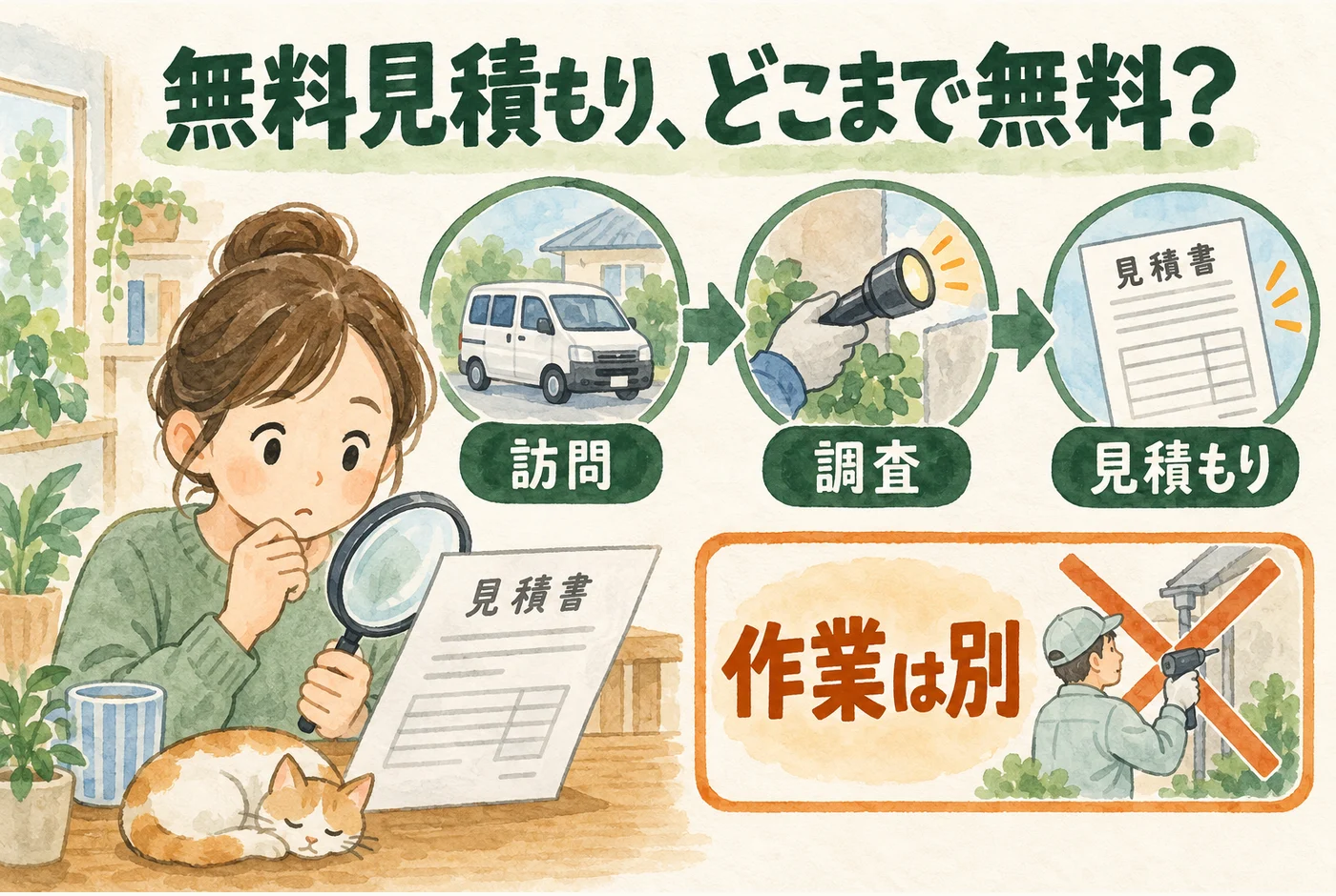 訪問、調査、見積もりと有料作業の範囲を確かめる図