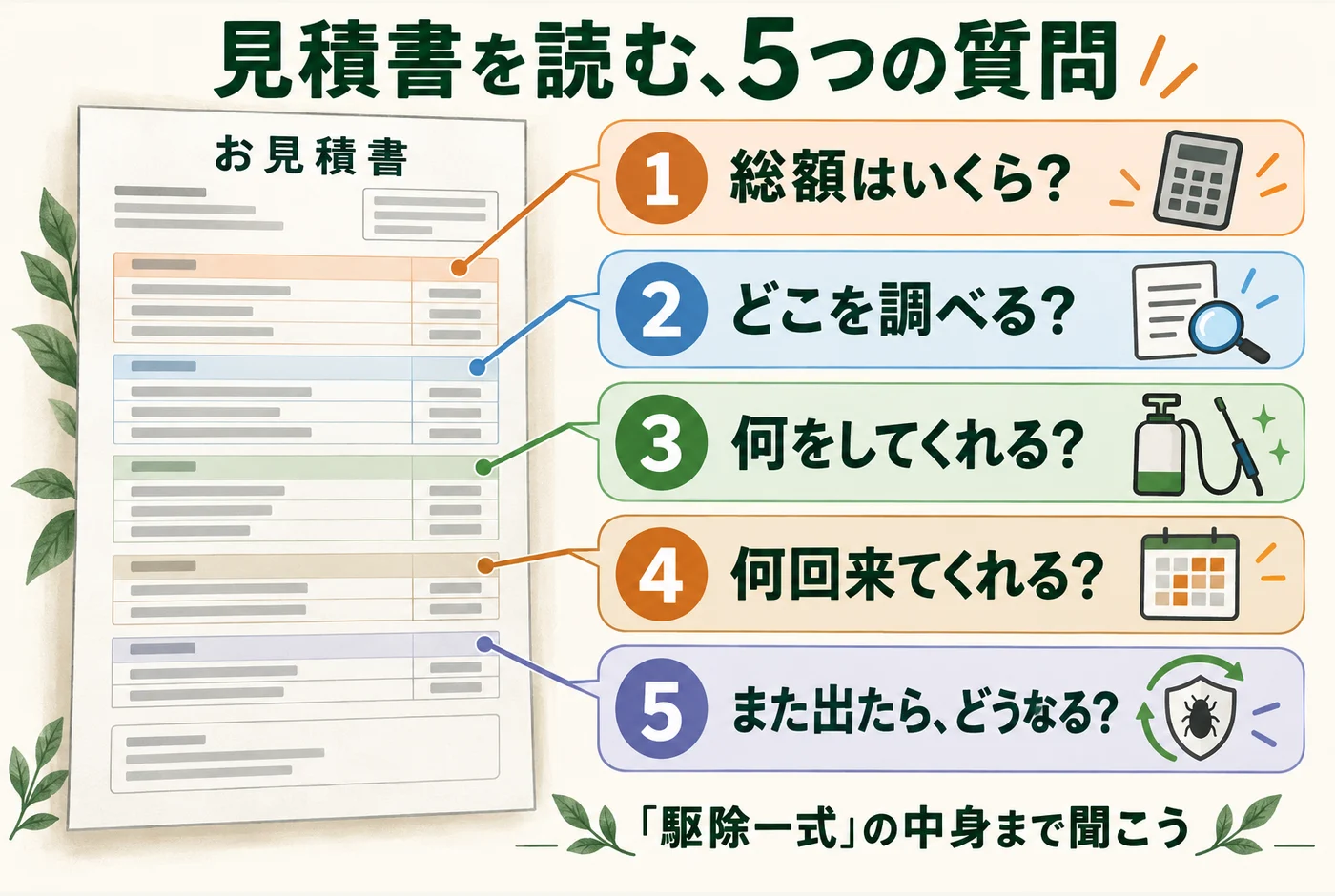 見積書の総額、調べる場所、仕事内容、訪問回数、再発時の対応を確かめる5つの質問を図にしたもの