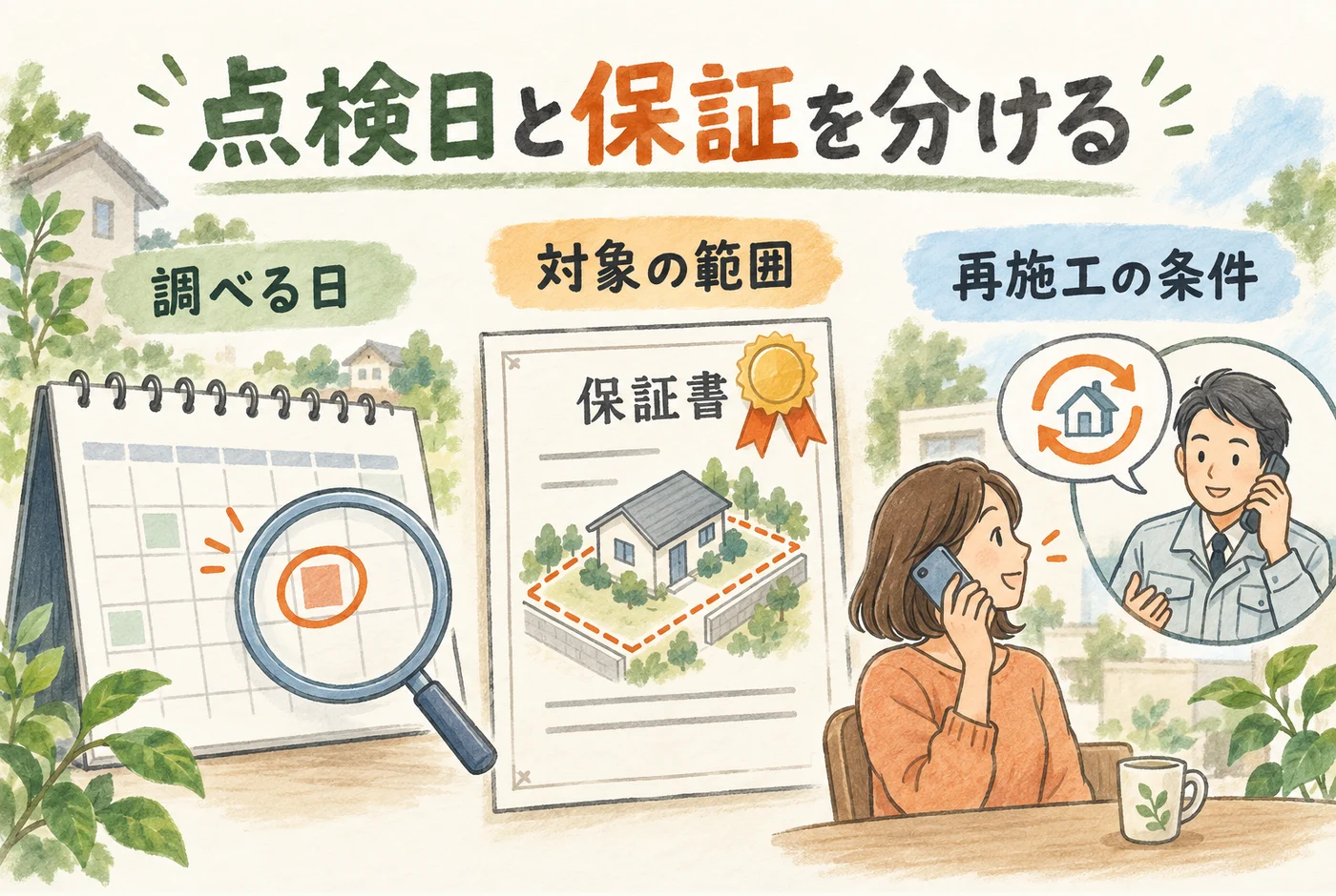 点検と保証条件の違いを説明する図解