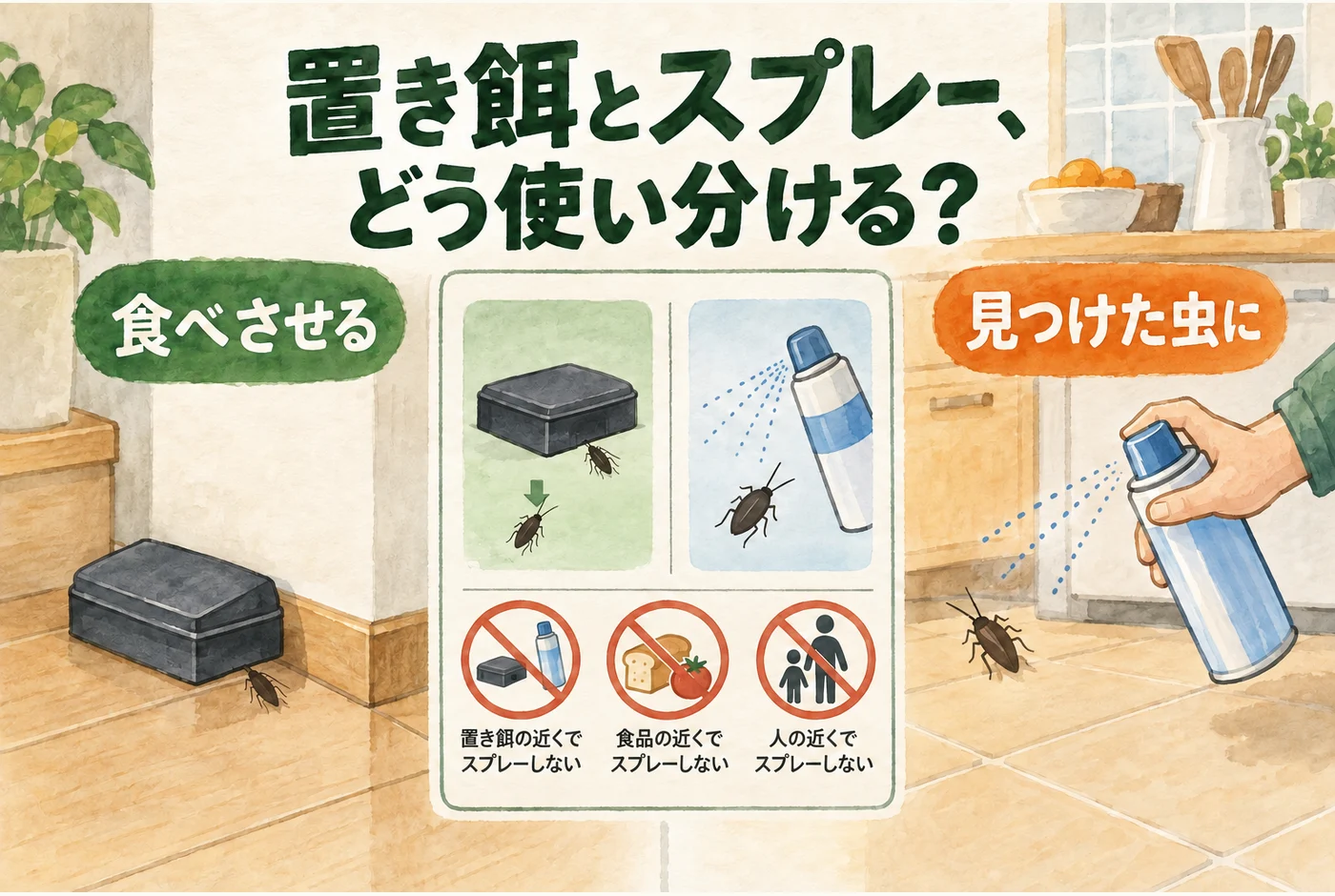 食べさせる置き餌と直接噴射するスプレーを分けて考える図