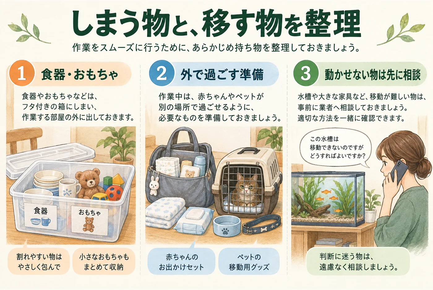 収納する食器やおもちゃ、外出の準備、移動できない水槽の事前相談
