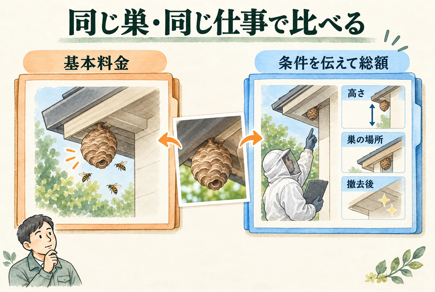 条件付きの基本料金と、幅を持つ料金表を読み比べる図