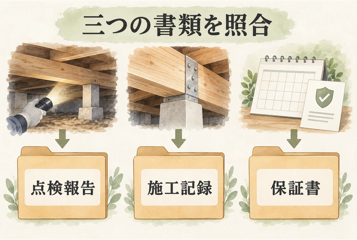 現在の状態を見る点検報告、行った工事の施工記録、対応条件を示す保証書の違い