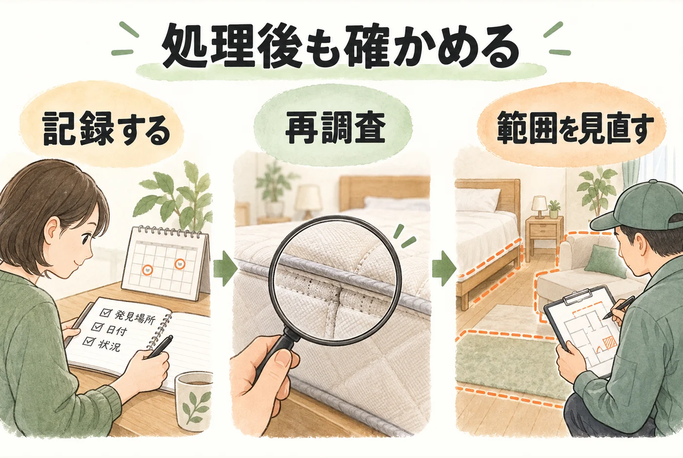 処理後の記録を再調査で照合し、調査や処理の範囲を見直す流れ