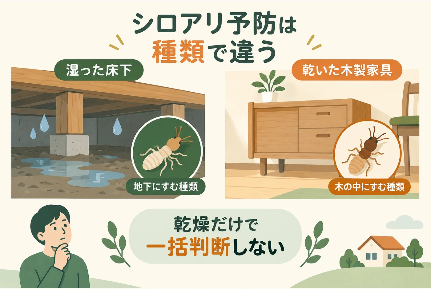 湿った床下と乾いた木製家具。シロアリは種類によって事情が異なる