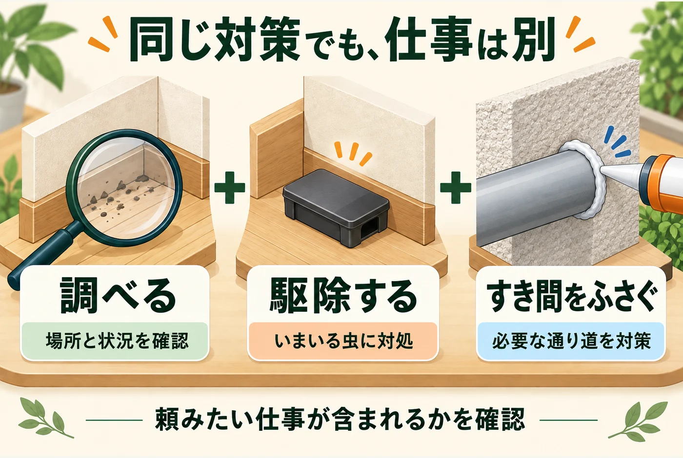 調査で状況を調べる、駆除で室内の虫に対処する、すき間対策で侵入に使われる場所をふさぐという別々の仕事を示す図