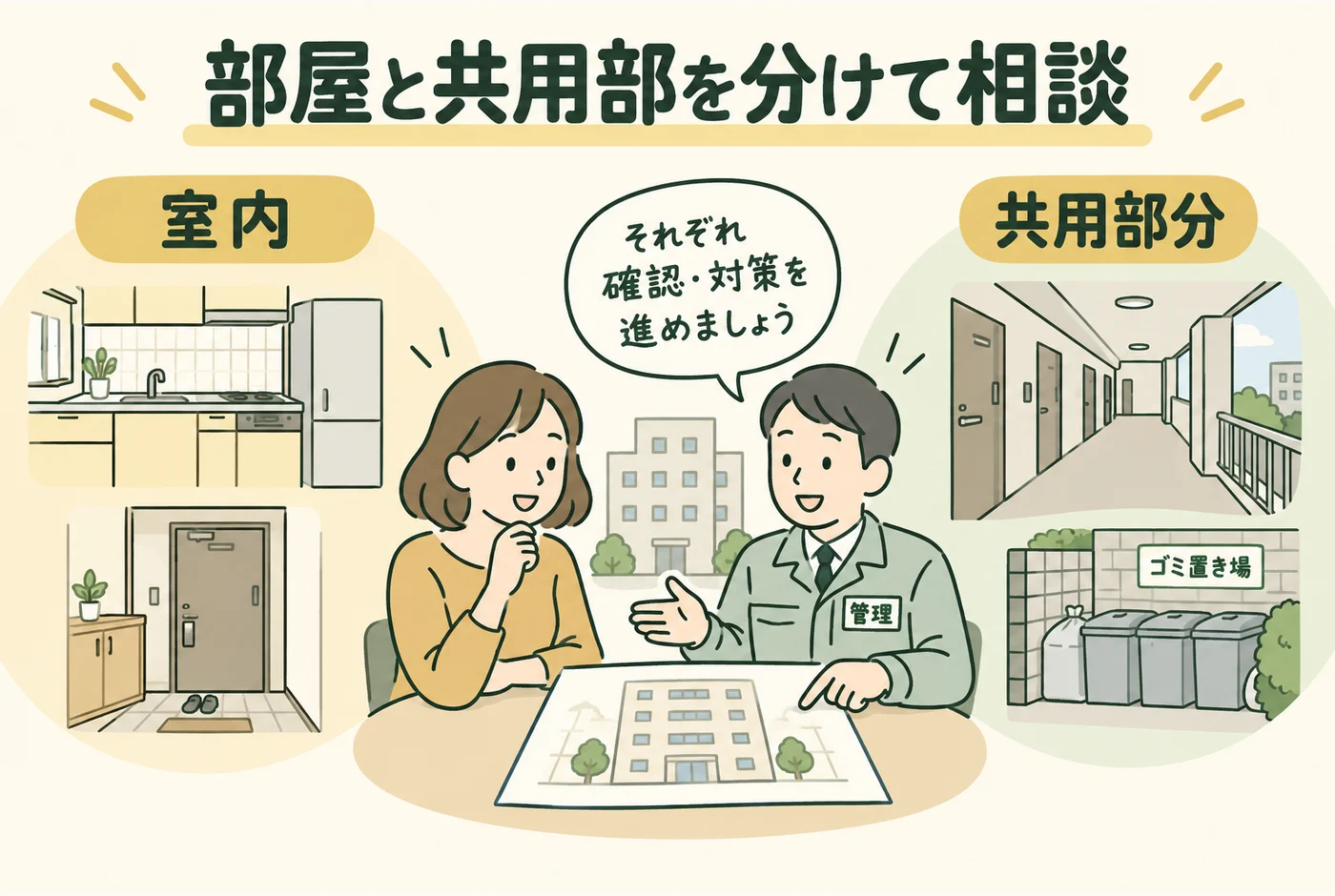 室内と共用部分を分け、管理担当へ相談する図解
