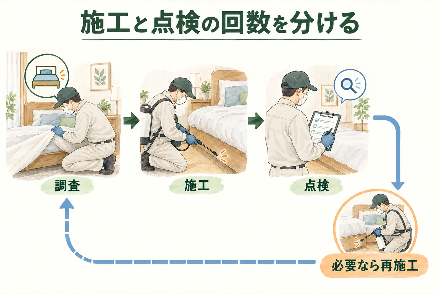 駆除作業から点検へ進み、必要なら再施工へ戻る流れの図