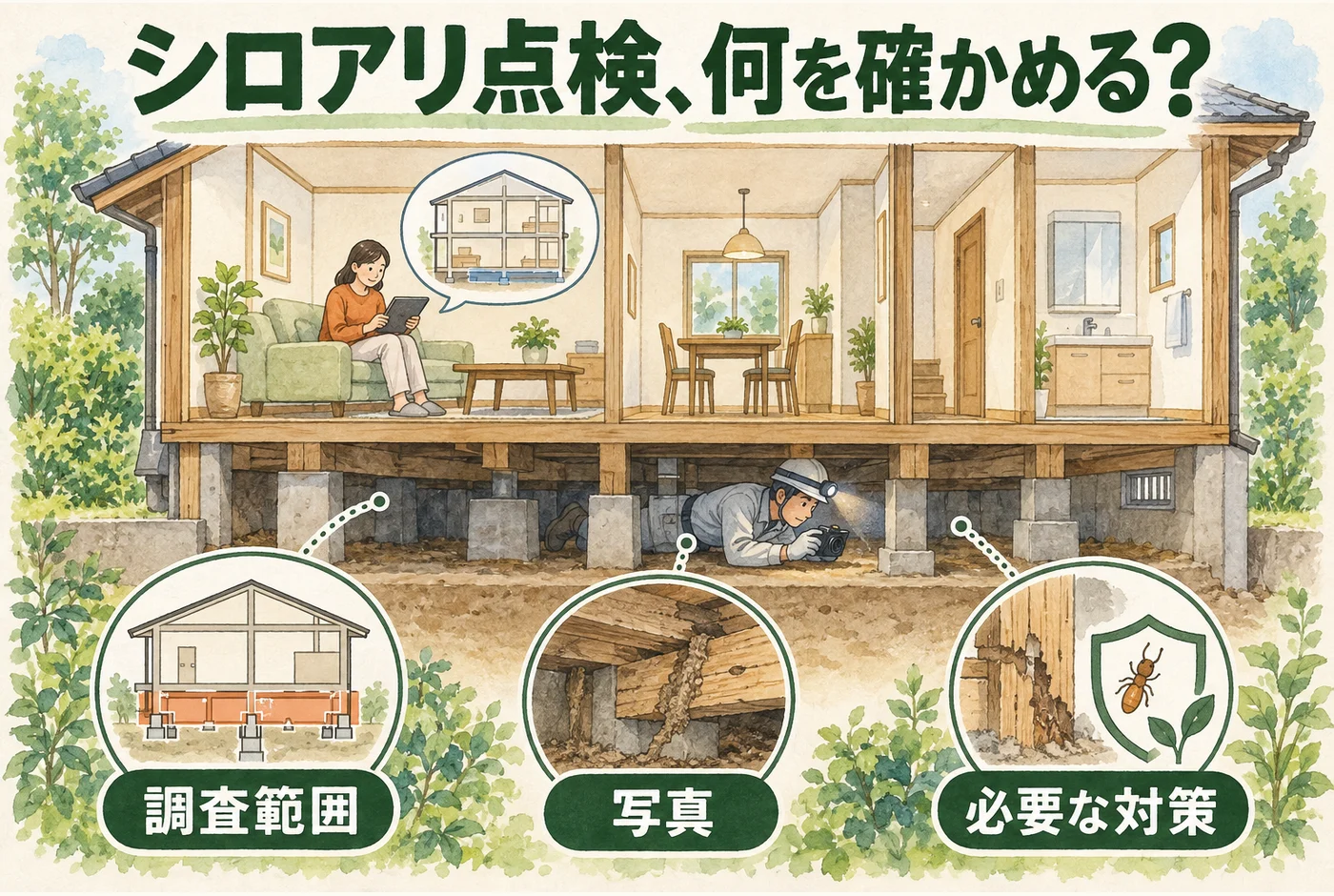 床下の調査範囲と写真を見て必要な対策を相談する図