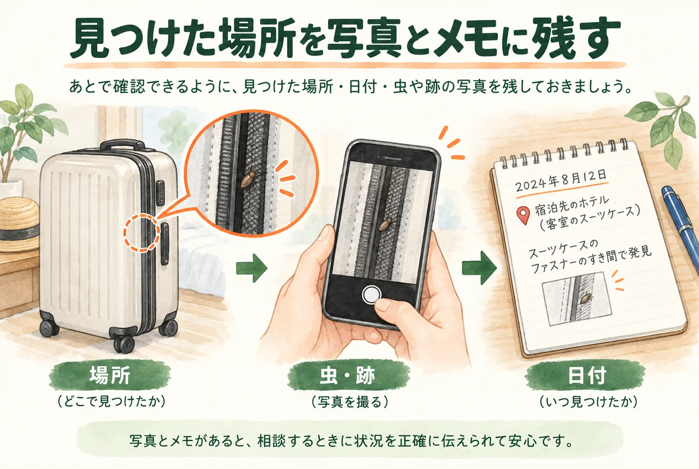 鞄の縫い目の写真、発見日、置いた場所を一緒に記録する図