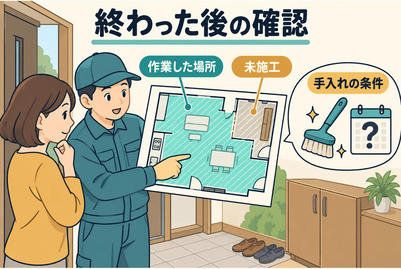 作業場所と清掃再開の条件を受け取る
