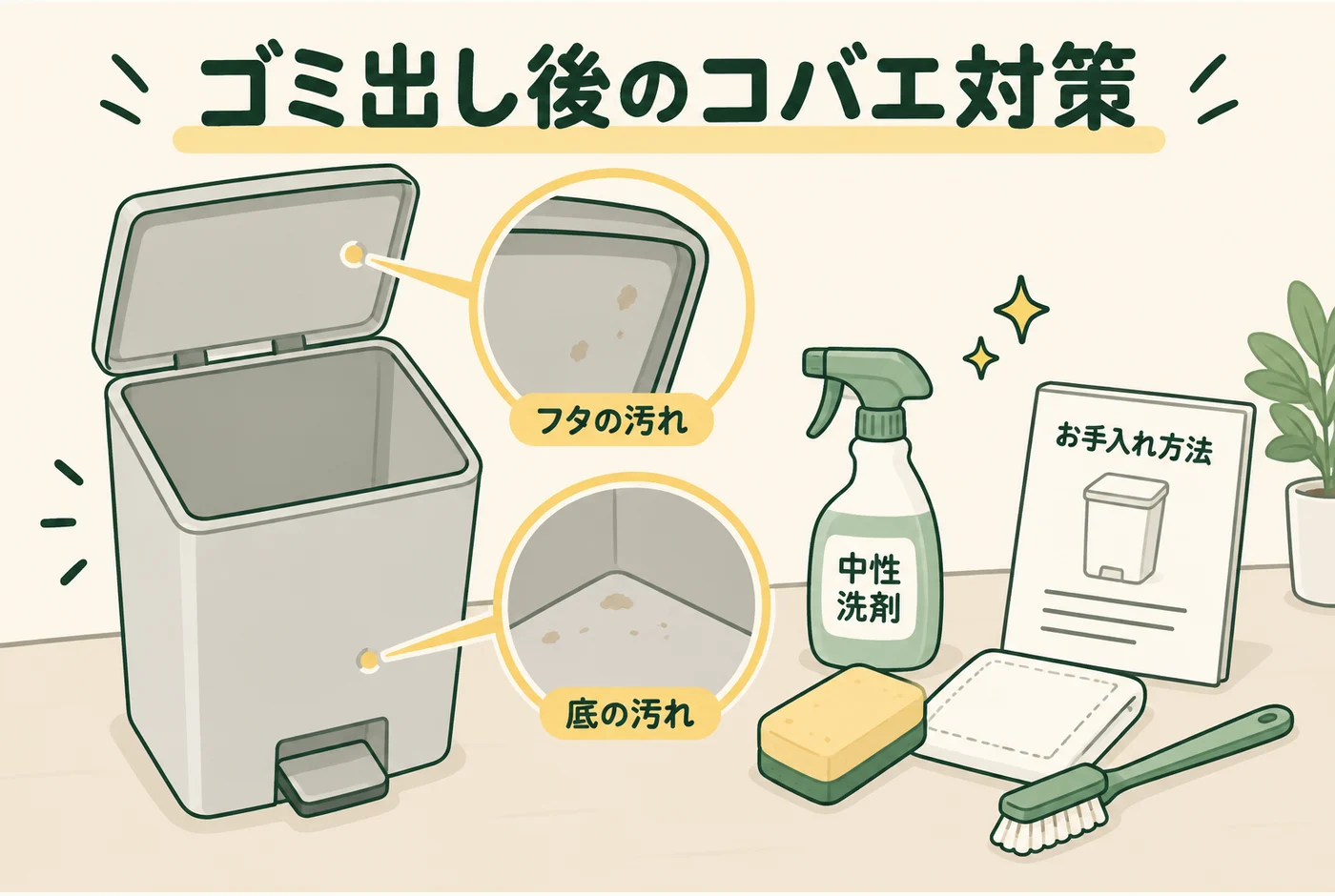 ゴミ出し後のコバエ対策を説明する図解