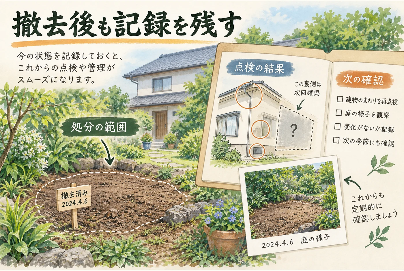 撤去後の庭と建物点検記録