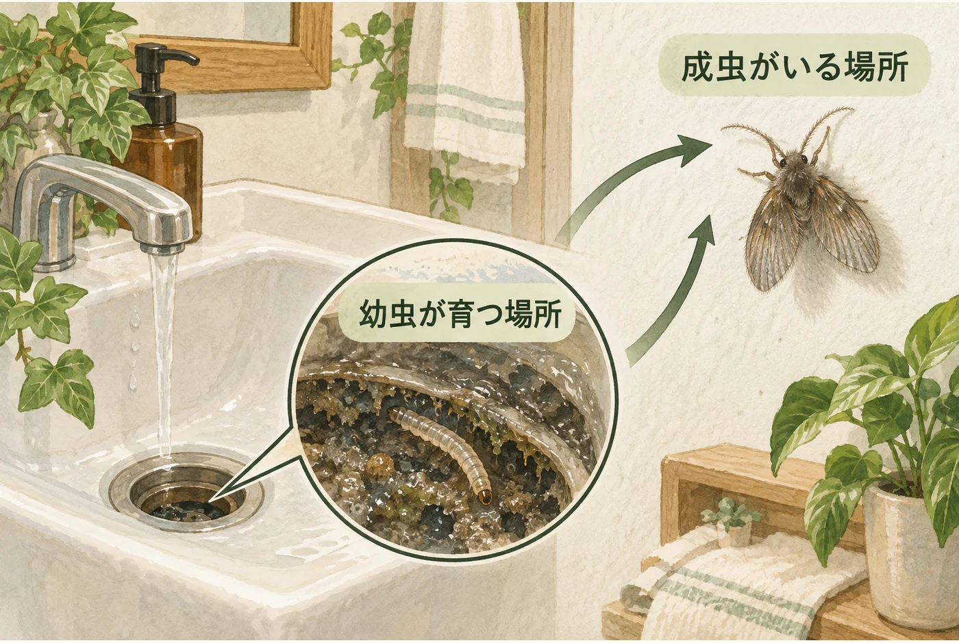 壁に止まるチョウバエの成虫と、排水口のぬめりで育つ幼虫の違い