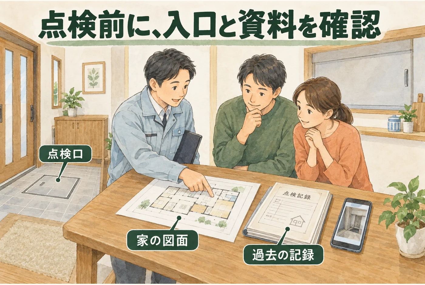 点検口の場所、図面、過去の点検記録を準備する図