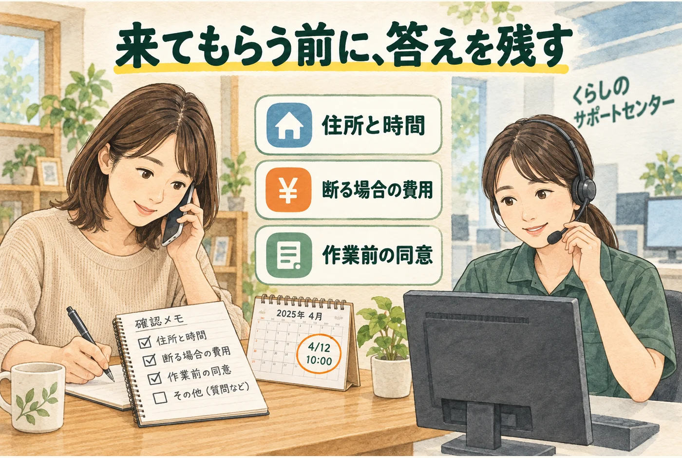 住所と日時、断る場合の費用、作業前の同意を電話で確認し記録する図