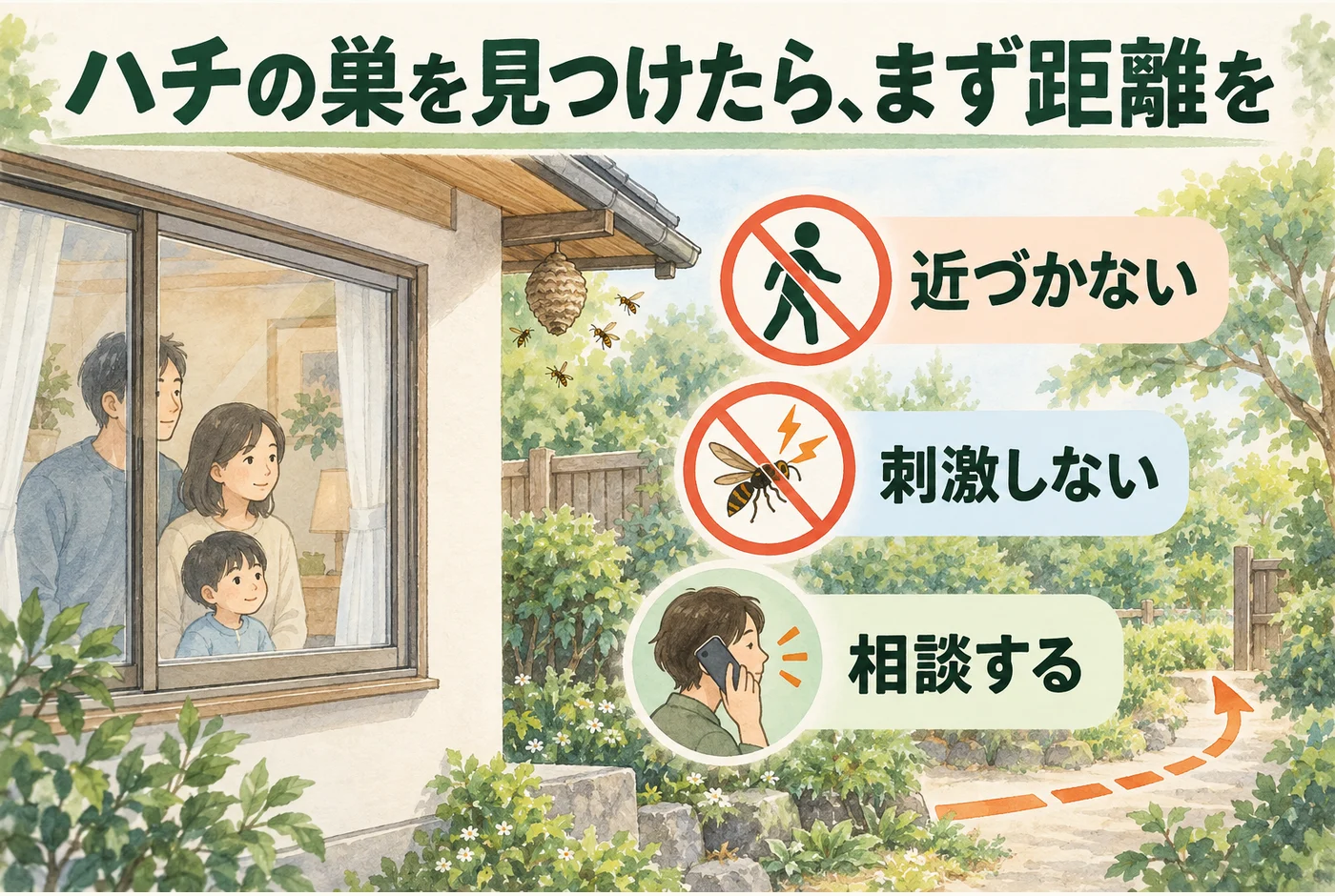 巣から離れ、人が近づかないようにし、離れた場所から相談する順序