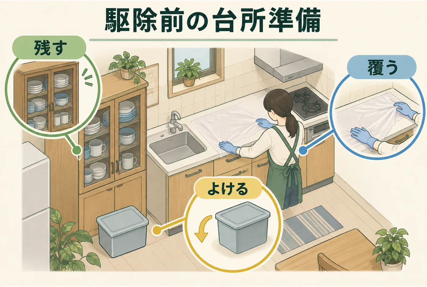 台所の物を残す・よける・覆うに分けて準備する
