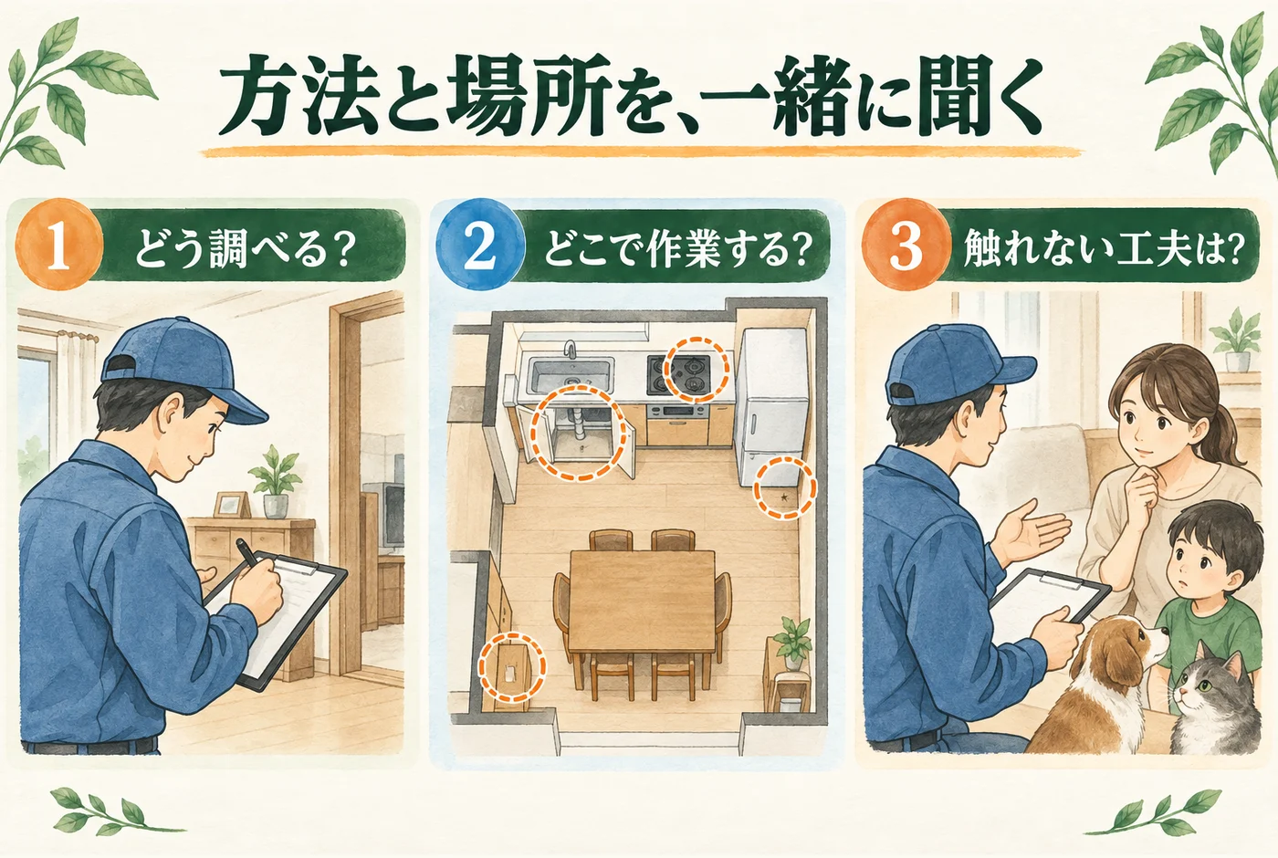 調べる方法、薬剤を使う場所、触れない工夫を分けて相談する図