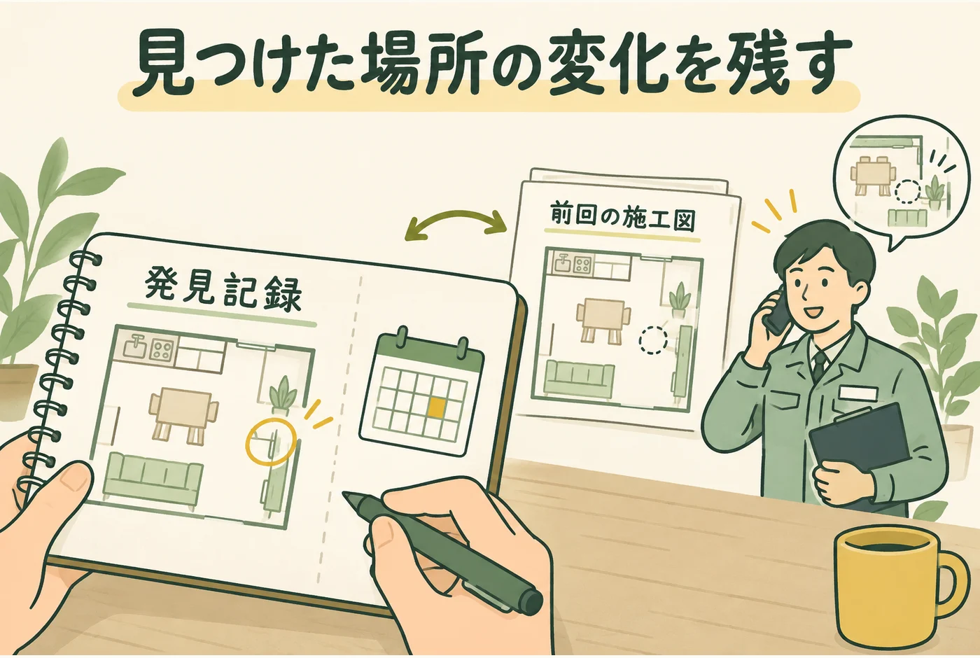 見つけた場所の変化を残すを説明する図解
