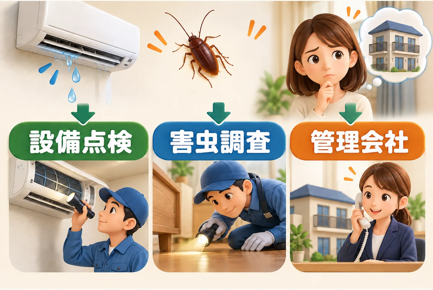 エアコンの点検、害虫の調査、賃貸の管理者への相談を分ける図