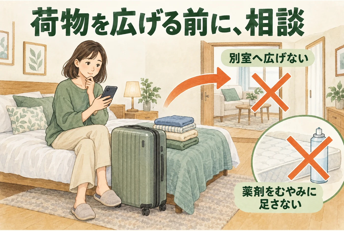 寝具を別室へ運ぶことと、薬剤をむやみに追加することを控える図