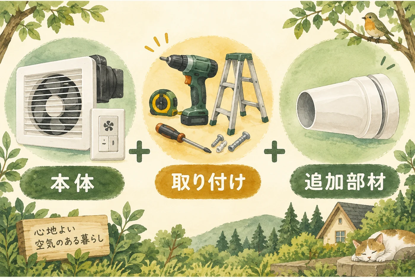 換気装置本体、取り付け、追加部材を分けた積み上げの図