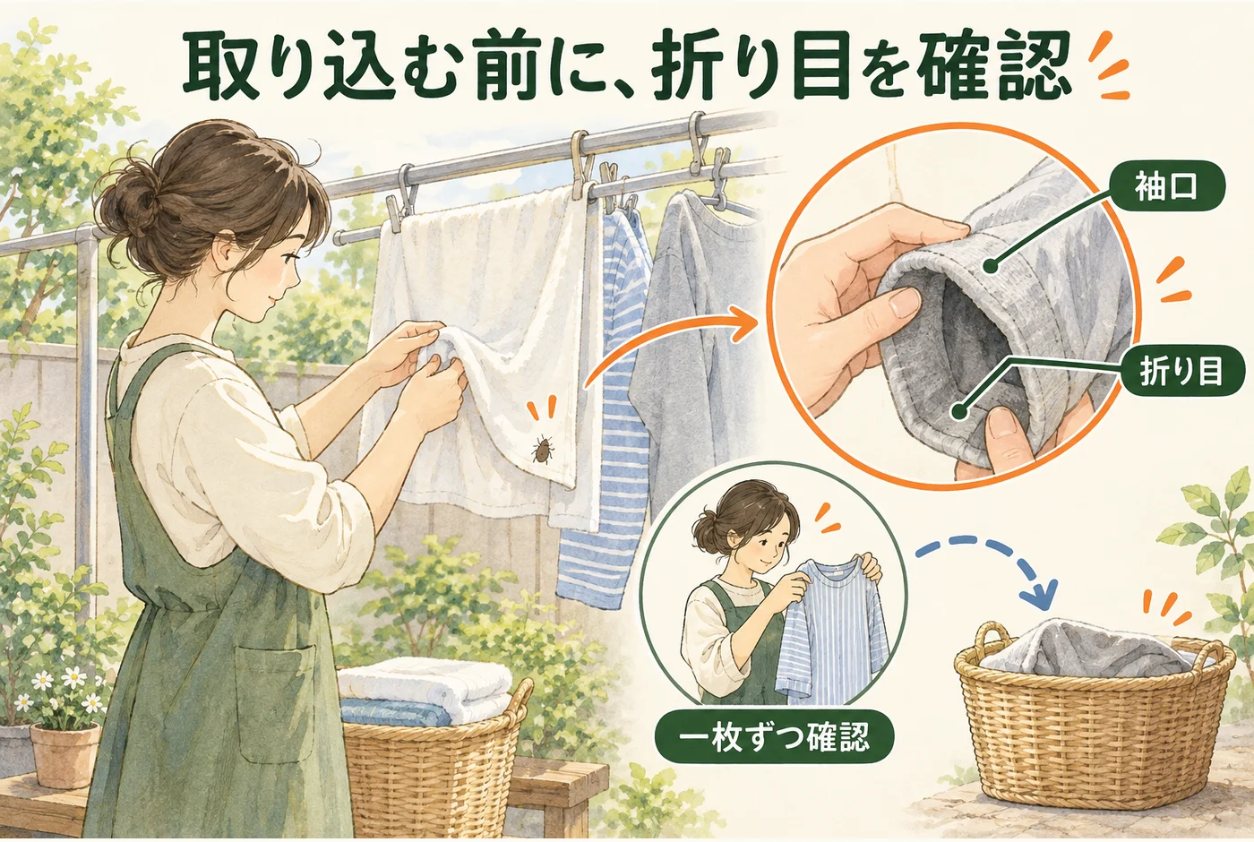 袖口や折り目を一枚ずつ確認し、カメムシを押しつぶさず扱う図
