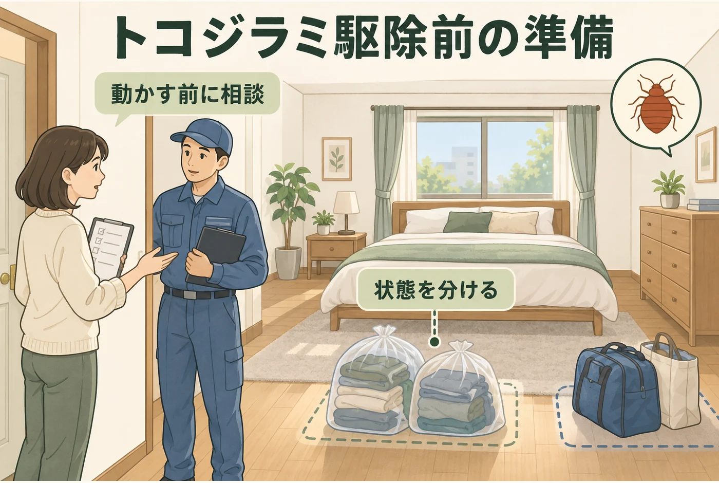 トコジラミ施工前に荷物の移動と袋の状態を相談する