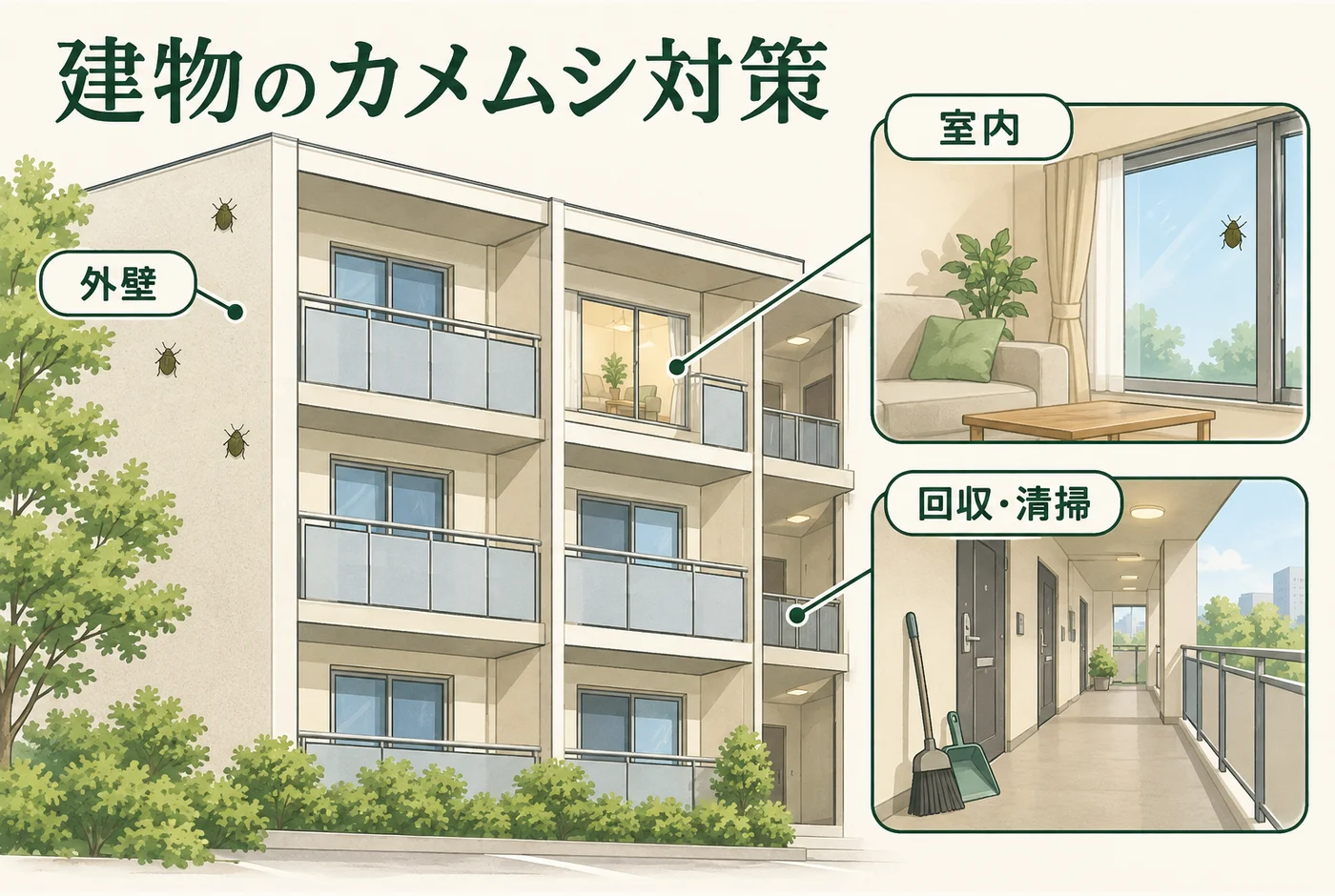 外壁の飛来と室内侵入と共用廊下の死骸を分ける