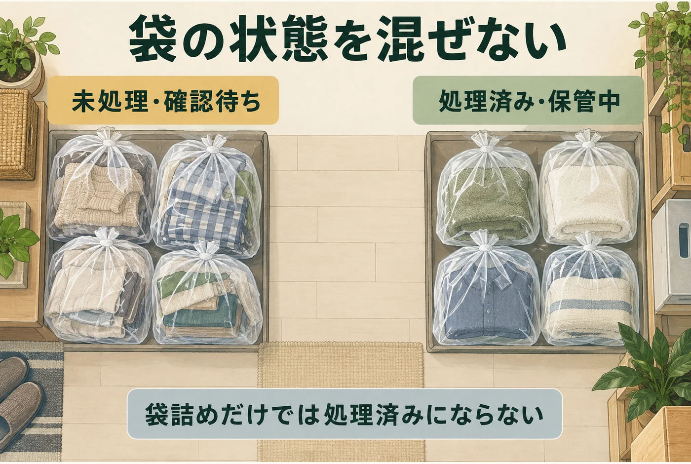 未処理と処理済みの袋を別の置き場へ分ける