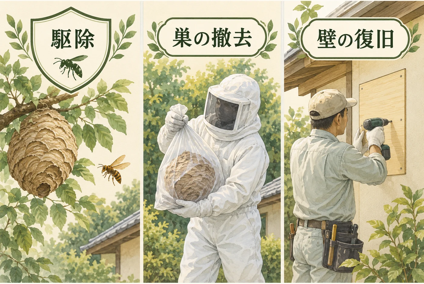駆除、巣の撤去、壁の復旧という3つの仕事を区別した図
