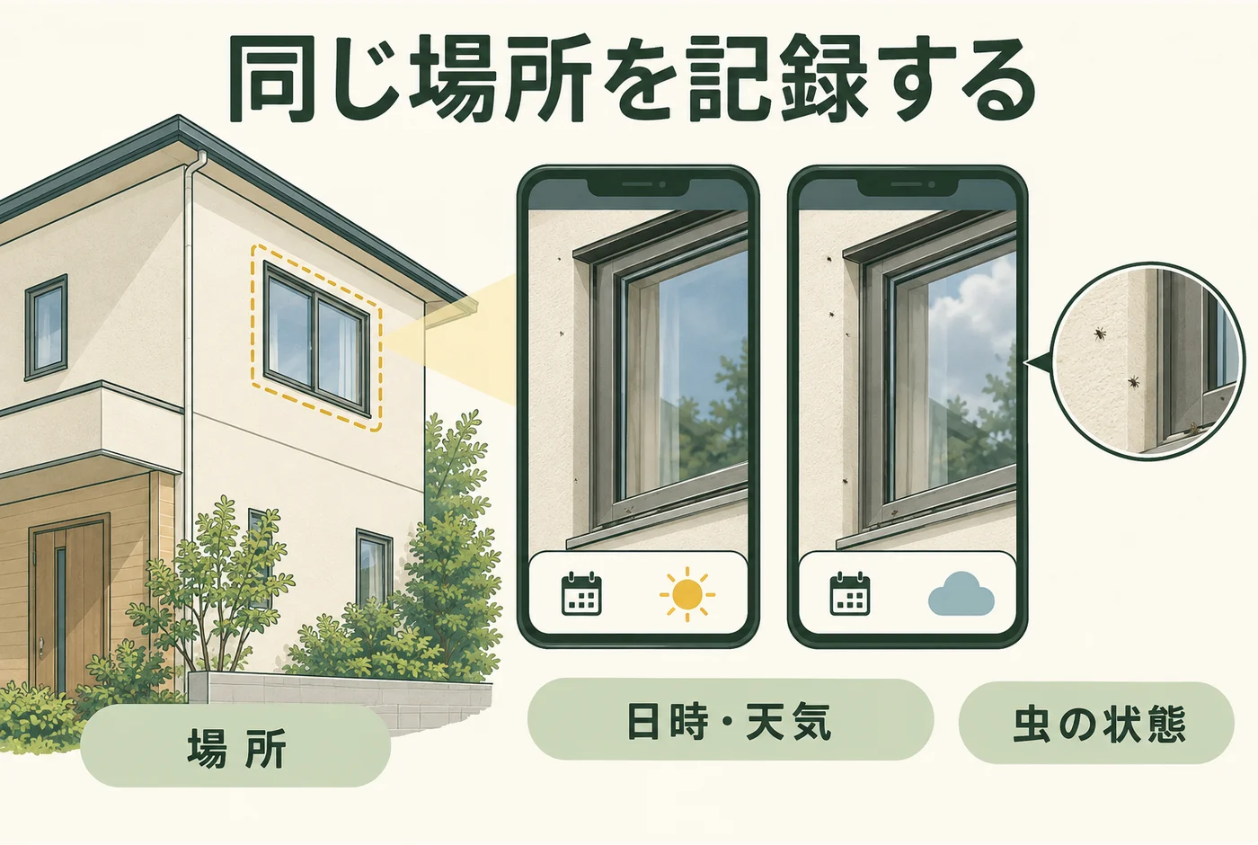 同じ建物の面と日時を揃えた写真で記録する