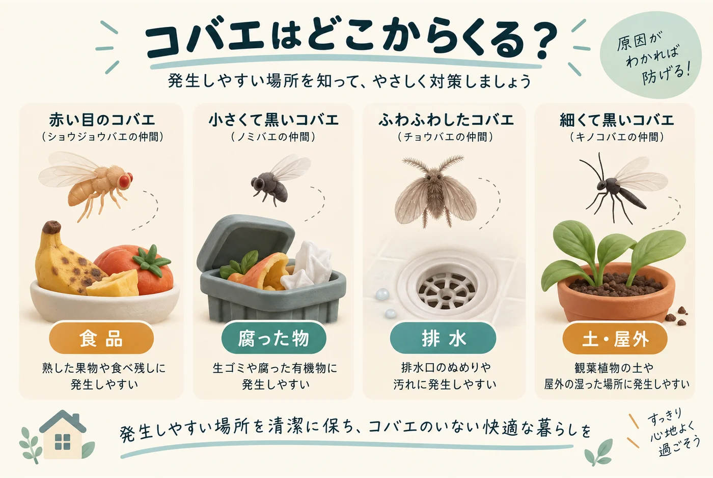 食品、腐った物、排水、土や屋外と小型のハエを組み合わせた図