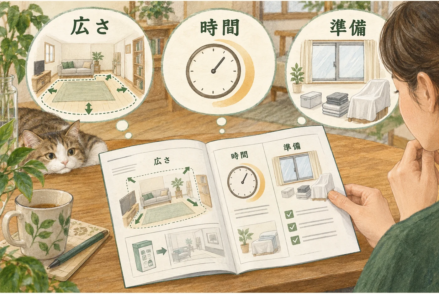 使用する広さ、時間、事前準備を製品の説明書で照合する図