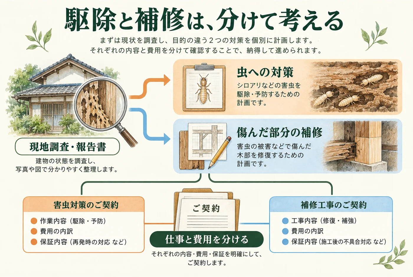調査結果をもとに、虫への対策と傷んだ木材の補修を分けて見積もりを比べる図
