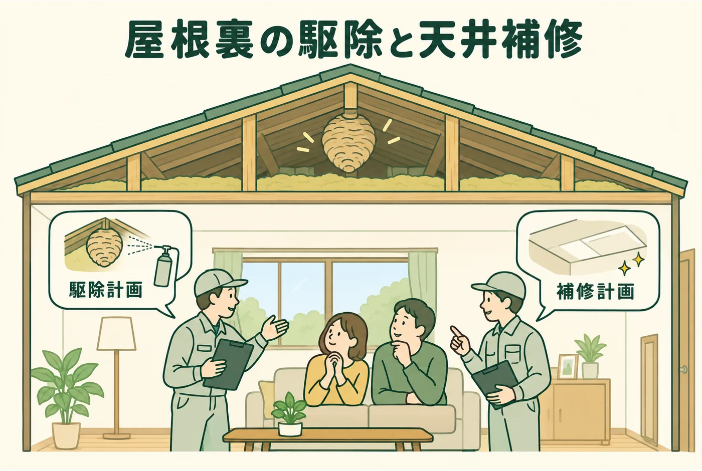 屋根裏の駆除と天井補修を説明する図解