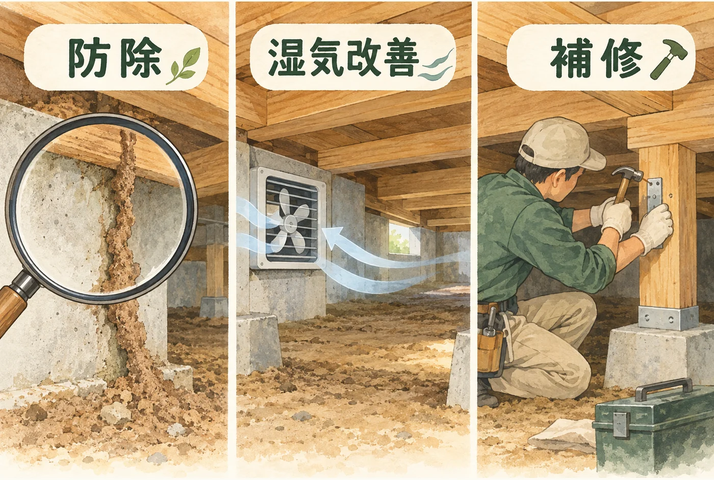 床下の駆除、湿気の改善、木材の補修を3つに分ける図