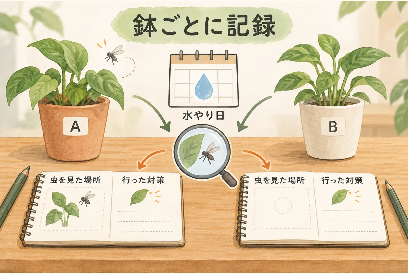 鉢ごとに水やり日、虫を見た場所、行った対策を別々に記録する方法