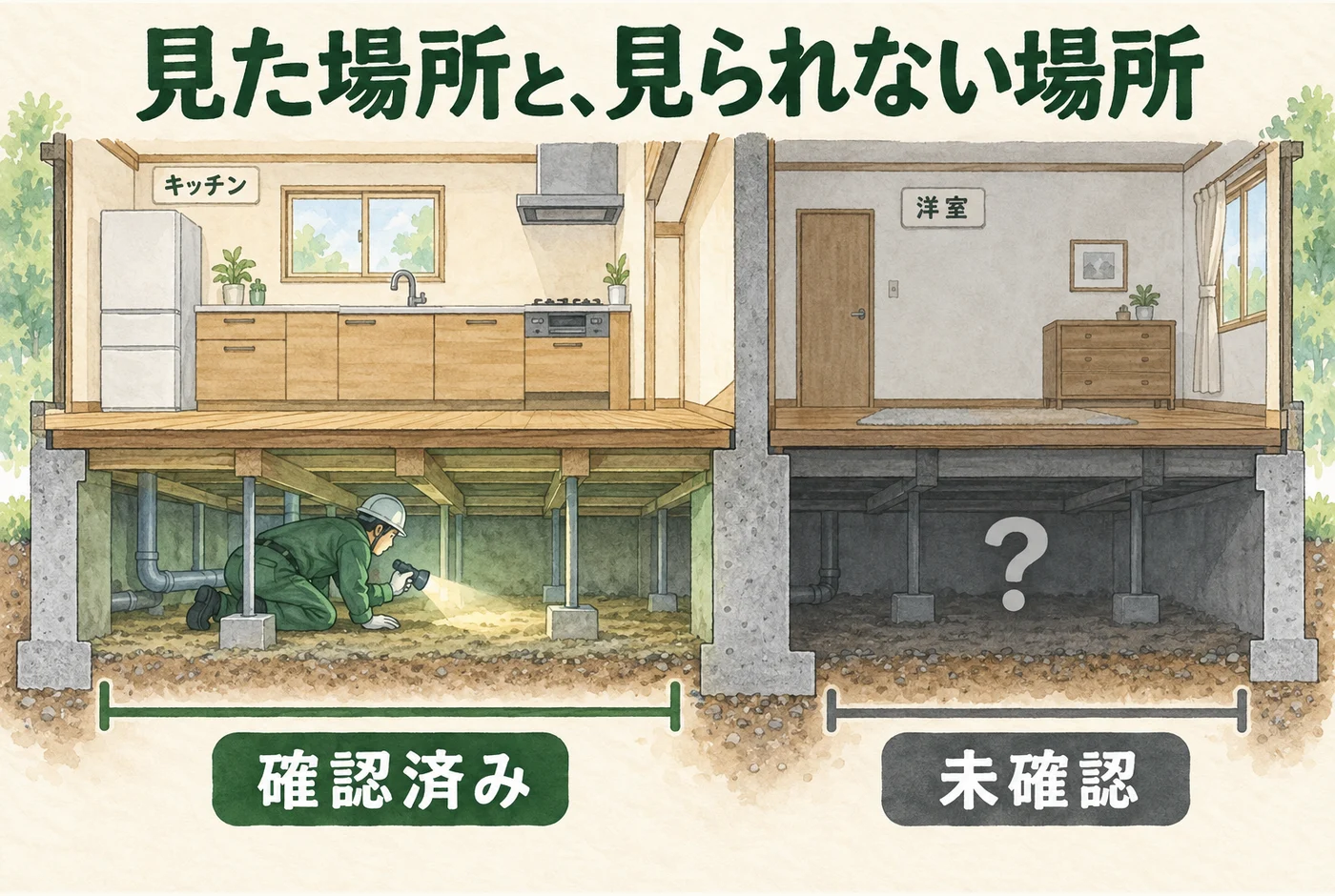 調査できた床下と、障害があって入れなかった範囲を分ける図