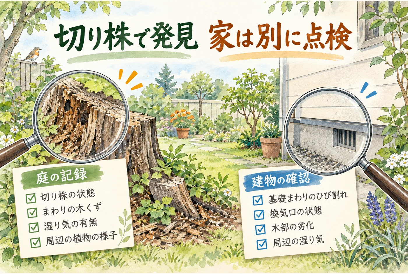 庭の切り株と建物側の点検を分ける
