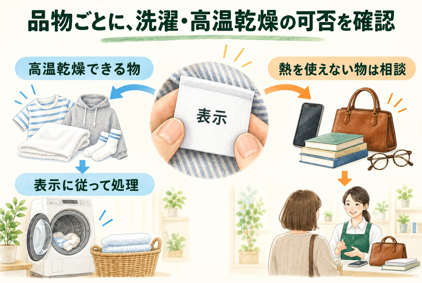 衣類の取扱表示を起点に、洗濯乾燥できる物と専門相談が必要な物を分ける図