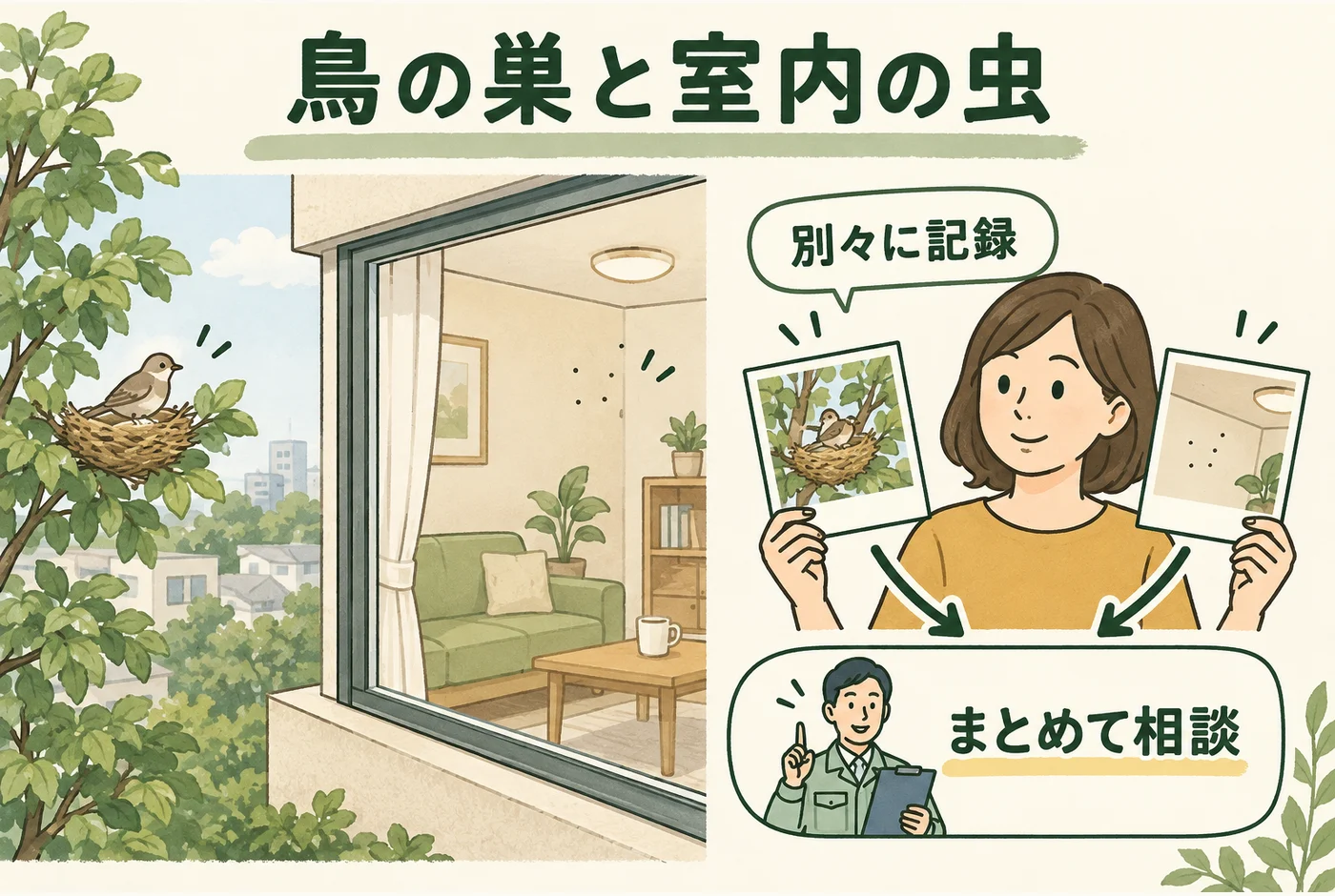 鳥の巣と室内の小さな虫を別々に調べる図