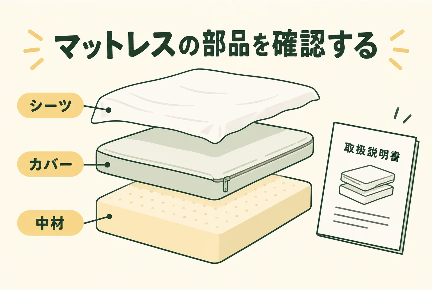 マットレスの部品を確認するを説明する図解